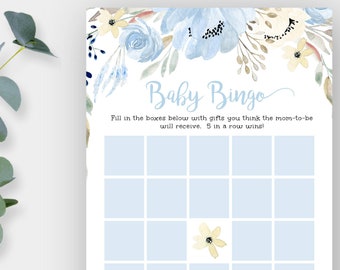 Blue Floral Baby Bingo Game Template for Boy, Baby Shower Game, Baby Shower Bingo Cards, DIY Editable + Printable, Instant Download, BSBF