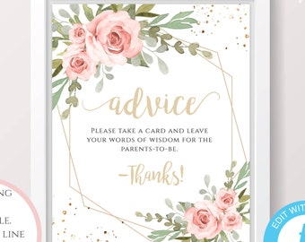 Blush Floral Advice Sign Template, Gold Geometric Baby Shower Sign With Watercolor Flowers, DIY Editable + Printable Instant Download, BSBG