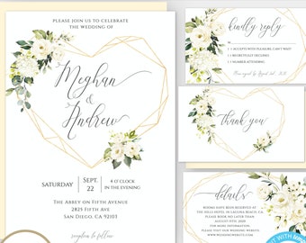 Gold Geometric Wedding Invitation Template Set, Heart Wedding Invitation, White Floral Invite Printable Invitation Editable Wedding Suite WG