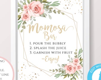 Blush Floral Mom-osa Bar Sign Template, Mimosa Bar, Gold Geometric Baby Shower Decor, DIY Editable, Download, Print, Templett, Download BSBG