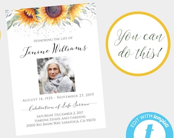Printable Funeral Template Instant Download Funeral Program Template In Loving Memory Editable Obituary Sunflower Funeral Template SFB