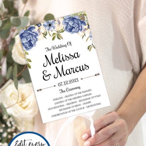 Blue Peony Wedding Program Fan Template, Blue Floral Wedding Program Template, Blue Watercolor Flowers Wedding Ceremony Program, BFOW