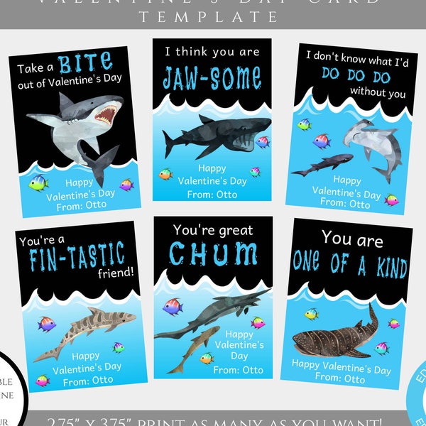 Shark Valentines Day Card Template, Jaws Valentines Cards for Kids Classroom, Editable Ocean Valentine Template, Personalized Valentine