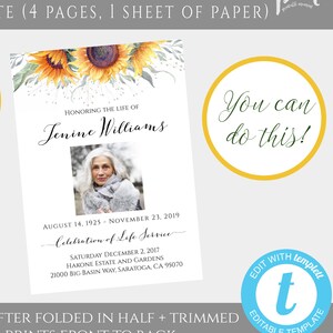 Sunflower Funeral Template, Printable Funeral Template, Instant Download Funeral Program Template In Loving Memory Editable Obituary, SFM