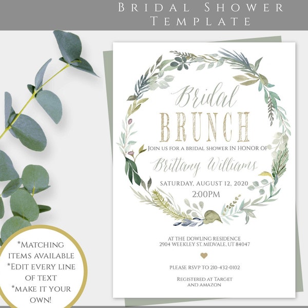 Bridal Brunch Invite, Greenery Bridal Shower Invitation Template, Rustic Shower Invite, DIY Shower Template, Wedding Shower Invitation, WSGM