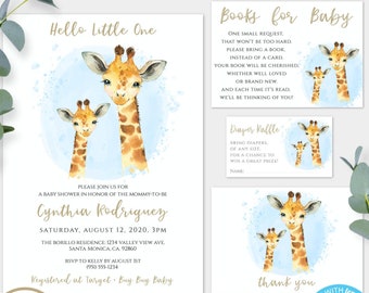 Giraffe Baby Shower Invitation Template Set for Boy, Hello Little One, Editable Boy Baby Shower Invite, Printable Blue Giraffe Shower, SBG