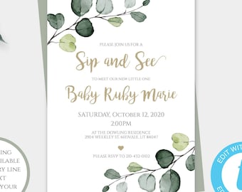 Sip and See Invitation Instant Download Template, Greenery Meet and Greet Invite, Meet the Baby Invite, Sip and See Girl, Sip and See Party