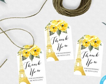 Paris Yellow Floral Favor Tag Template, Tag Personalized, Thank You Tag, Shower Favor Tag, Welcome Bag Tag French Theme Shower Download BSGP