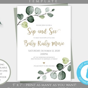 Sip and See Invitation Instant Download Template, Greenery Meet and Greet Invite, Meet the Baby Invite, Sip and See Girl, Sip and See Party