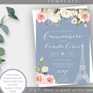 Dusty Blue + Blush Pink Quinceañera Birthday Invitation Template in Spanish, Sweet 15, Paris Theme Party, Editable Paris Invite Eiffel Tower