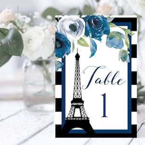 Modèle de numéros de table PARIS, numéro de table de la tour Eiffel, cartes de numéro de table imprimables 4 x 6 florales bleues, modèle de thème français modifiable, WSPB