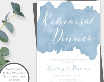 Dusty Blue Watercolor Rehearsal Dinner Invitation Template, DIY Editable Light Blue Wedding, Printable Invitation, Instant Download, WBDB