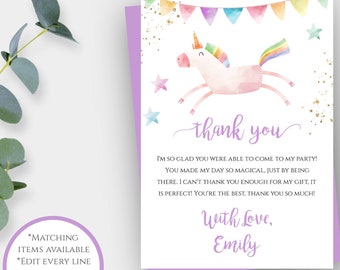 Unicorn Thank You Card Template for Birthday, Editable 5x7 Thank You, Unicorn Birthday Party Decor, Rainbow Thank You, Gold Glitter, BPU