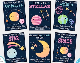 Planet Valentines Day Card Template, Space Valentines Cards for Kids Classroom, Editable Star Valentine Template, DIY Personalized Valentine