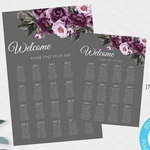 Wedding Seating Chart, Seating Plan,  Purple and Gray Table Seating Sign, Wedding Plan, Table Plan, Seating Template, Editable Seating, WBPG