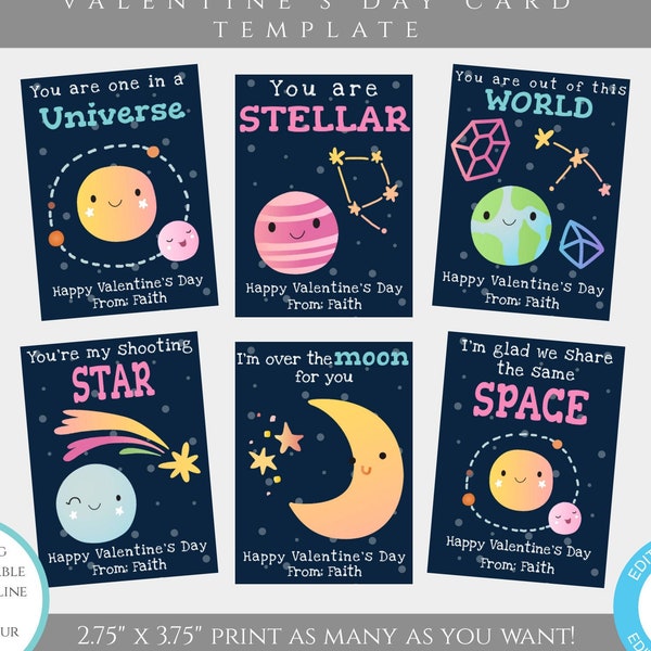 Planet Valentines Day Card Template, Space Valentines Cards for Kids Classroom, Editable Star Valentine Template, DIY Personalized Valentine