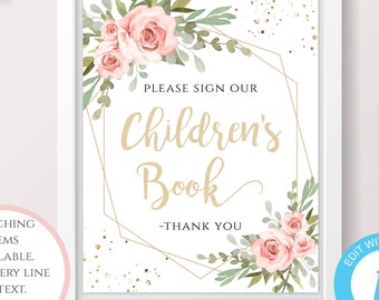 Blush Floral Guestbook Alternative Sign Template, Gold Geometric Baby Shower Decor, Please Sign Our Children's Book Edit Download Print BSBG