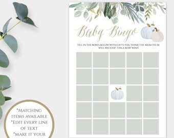 Baby Bingo Game Template, Little Pumpkin Baby Shower Printable, Blue Watercolor Pumpkin, Fall Baby Shower Activity, Rustic Shower, BPS