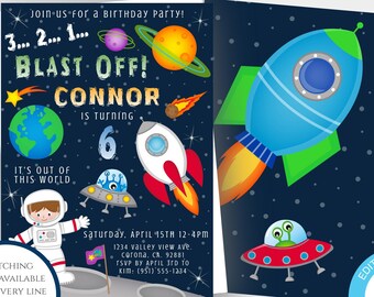 Space  Birthday Invitation Template, Astronaut Birthday, Outer Space Party Invite, Rocket Theme Invitation, Printable Invitation, Editable