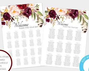 Plantilla de gráfico de asientos de boda de Borgoña, letrero de asientos de boda, gráfico de asientos imprimible, letrero de plan de asientos de Marsala, gráfico editable de bricolaje, WBBS