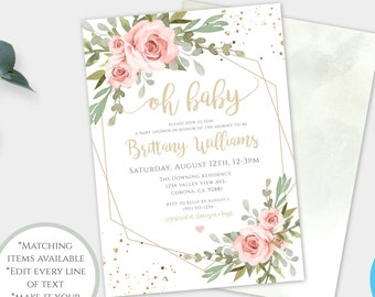 Op de afbeelding: Een afdrukbare babyborrel uitnodigingstemplate met een gouden geometrisch frame en een roze bloemenontwerp. De tekst luidt "Oh Baby" en "Brittany Williams".