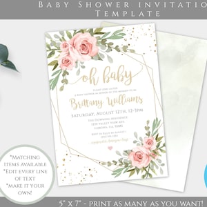Greenery Oh Baby Invitation Template Editable Gold Geometric Baby ...