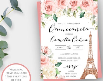 Rose Gold Quinceañera Birthday Invitation Template in Spanish, Sweet 15, Paris Theme Party, Editable FRENCH Invitation, Eiffel Tower, RGQ