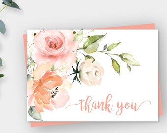 Peach Floral Thank You Card Template, Editable Baptism Thank You Card, Printable Wedding Thank You Card, Baby Shower Thank You Card, BAP4