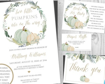 Twins Baby Shower Invitation Template Set, Little Pumpkin Baby Shower Printable, Fall Invitations, Rustic Shower, Pumpkin Watercolor, GOS