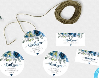 Blue Floral Favor Tag Templates 2" Round + Rectangle Thank You Tag, Dusty Blue Tag Personalized, Navy Thank You Tag for Boy Baby Shower BFBS