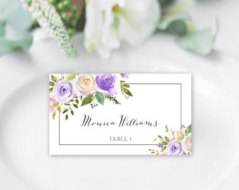 Lilac Folding Place Card Template, Printable Lavender Place Setting, Purple Wedding Name Card, DIY Editable Escort Card, Cut + Fold, WBPL3