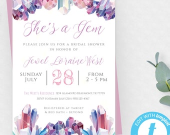 She's a Gem Bridal Shower Invitation Template, Jewel Bridal Shower Invite, Gemstone Party, Printable Invitation, DIY Editable Template