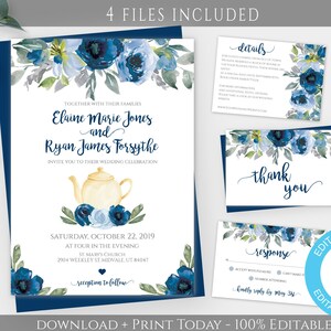 Blue Floral Wedding Invitation Template Suite, Floral Wedding Set, Printable Invitation, Editable Template, Instant Download, Tea Wedding