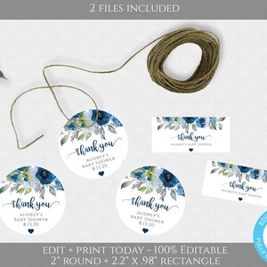 Blue Floral Favor Tag Templates 2&quot; Round + Rectangle Thank You Tag, Dusty Blue Tag Personalized, Navy Thank You Tag for Boy Baby Shower BFBS