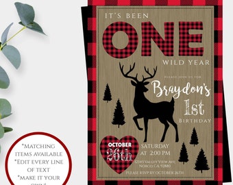 Deer First Birthday Invitation Template, It's Been One Wild Year Lumberjack Invite for Boy, 1st Birthday Woodland Invite with Red Plaid