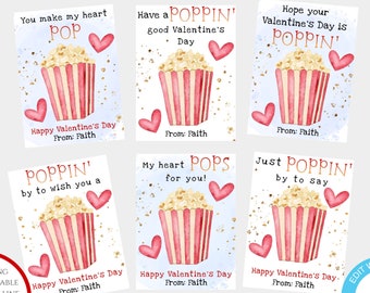 Popcorn Valentines Day Card Template, Printable Popcorn Valentines Cards for Kids Classroom, Editable Valentine Card for School Personalized