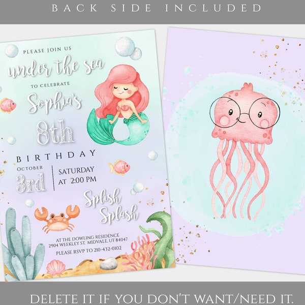 Mermaid Party Invitation Template, Under The Sea Birthday, Mermaid Birthday Invitation, Purple Invitation, Gold Glitter Instant Download MBP