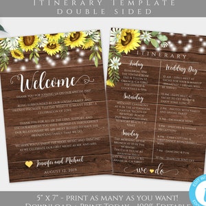 Sunflower Wedding Itinerary Template Download, Barn Wedding Welcome Letter Printable, DIY Editable Welcome Note & Wedding Timeline, WBSF