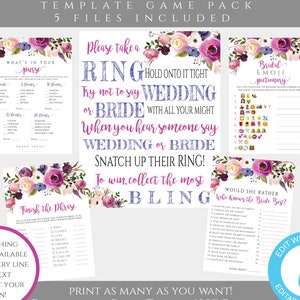 May include: A set of printable bridal shower game cards with floral designs. The cards include games like "What's in your purse?", "Finish the Phrase", "Would she rather...", "Bridal Emoji Pictionary", and "Please take a ring".