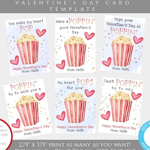 Modello di biglietto di San Valentino con popcorn, biglietti di San Valentino con popcorn stampabili per la classe dei bambini, biglietto di San Valentino modificabile per la scuola personalizzato