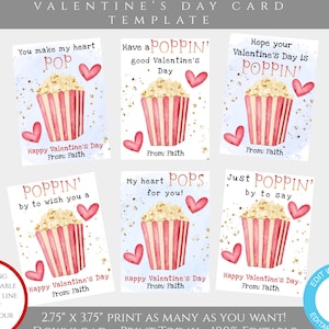 Popcorn Valentines Day Card Template, Printable Popcorn Valentines Cards for Kids Classroom, Editable Valentine Card for School Personalized