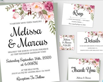 Floral Boho Wedding Invitation Template Set, Printable Invitation Suite, Printable Bohemian Wedding Kit, Editable Wedding Invitation, WBBH