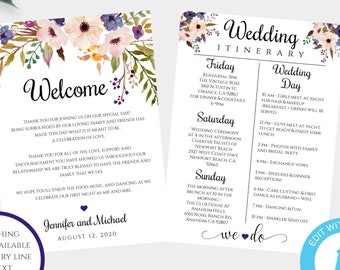 Purple Floral Wedding Itinerary Template, Printable Wedding Itinerary, Fully Editable, Welcome Note & Wedding Timeline, Welcome Letter WBPL4