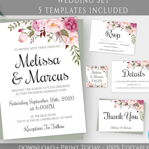 Floral Boho Wedding Invitation Template Set, Printable Invitation Suite, Printable Bohemian Wedding Kit, Editable Wedding Invitation, WBBH