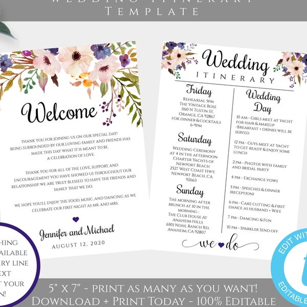 Purple Floral Wedding Itinerary Template, Printable Wedding Itinerary, Fully Editable, Welcome Note & Wedding Timeline, Welcome Letter WBPL4