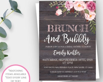 Rustic Floral Brunch and Bubbly Invitation Template, Bridal Shower Invitation, Country Chic Invite, Pink Floral Bridal Shower Invite, WSRF