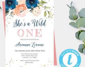 Peach + Navy She's a Wild One Birthday Party Invitation Template, Girl's Birthday Invite, Instant Download Personalized Birthday, bpnp