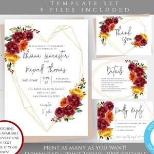 Fall Wedding Invitation Template Set Printable Invitation Suite Printable Floral Wedding Kit Editable Wedding Invitation, Gold Geometric FWB