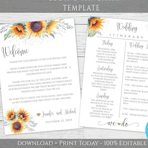 May include: A printable wedding itinerary template with a sunflower theme. The template includes a welcome message, a wedding day itinerary, and a rehearsal dinner itinerary. The text includes the names Jennifer and Michael and the date October 12, 2019.