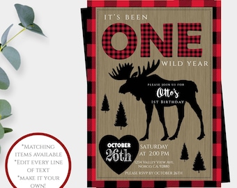 May include: Red and black buffalo plaid birthday invitation with a moose silhouette and the text "It's Been One Wild Year". The invitation is for Otto's 1st birthday party on October 26th at 2:00 PM.